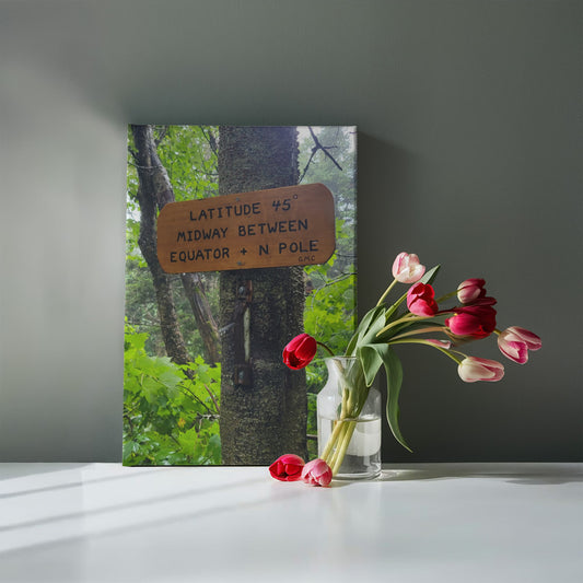 "The 45th Parallel-A Midway Marker on the Long Trail" - Gallery Wrapped Canvas - Hiking With Stickers '24
