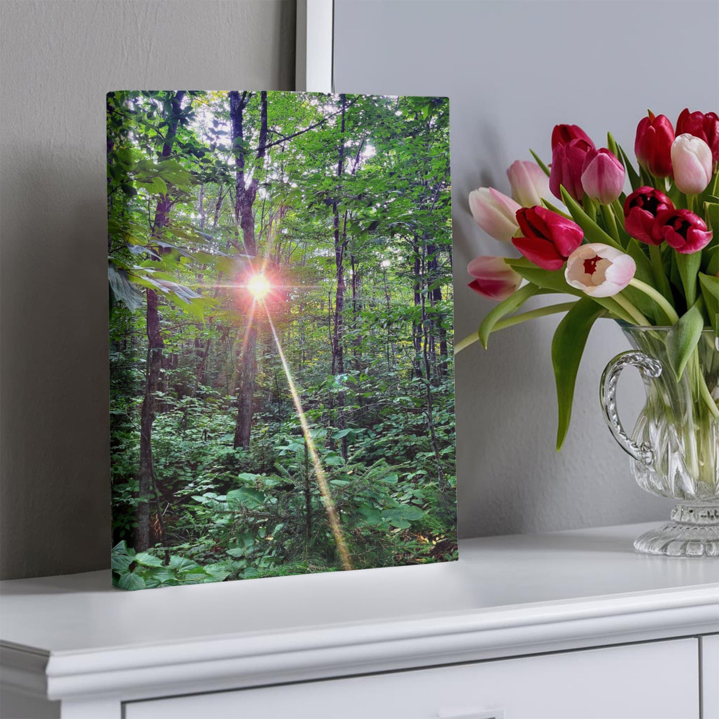 "Forest Sunrise, A Trailblazer's First Light" - Gallery Wrapped Canvas - Hiking With Stickers '24