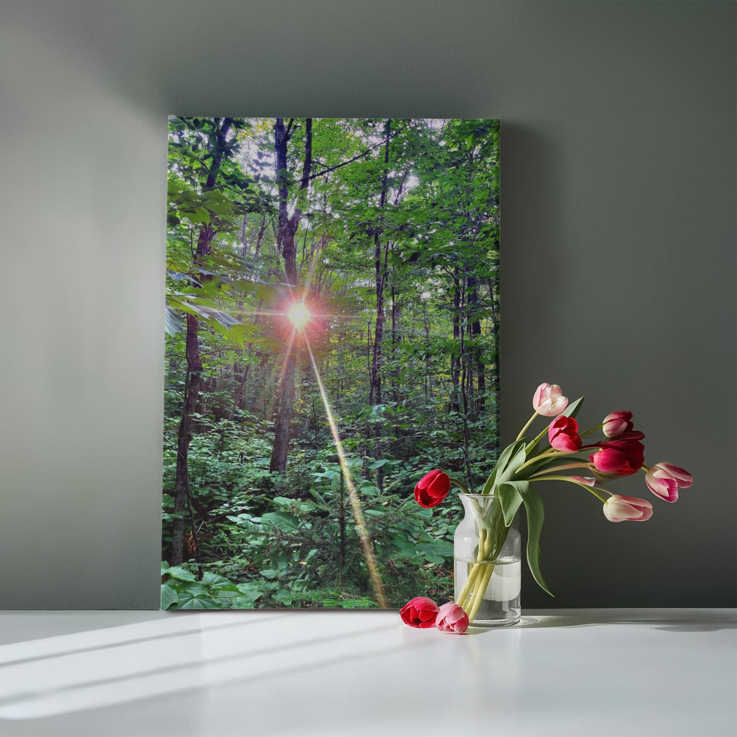 "Forest Sunrise, A Trailblazer's First Light" - Gallery Wrapped Canvas - Hiking With Stickers '24