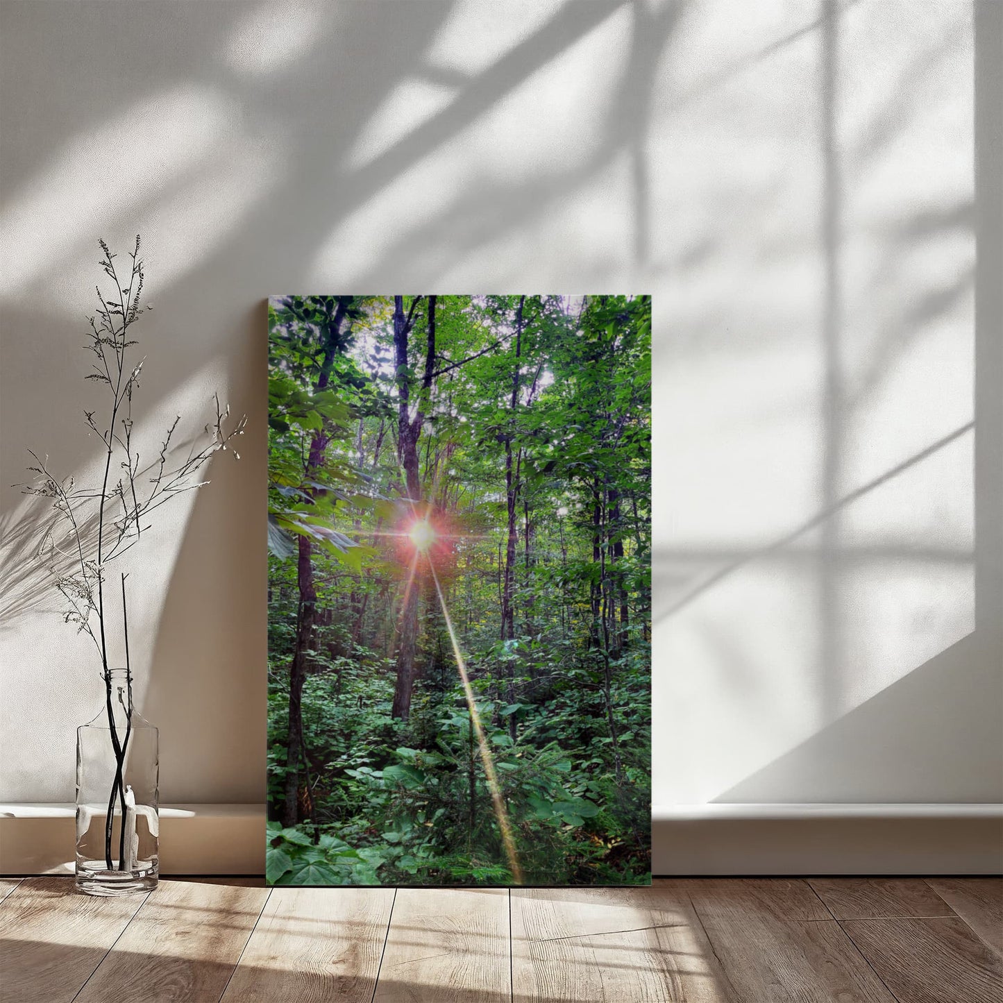 "Forest Sunrise, A Trailblazer's First Light" - Gallery Wrapped Canvas - Hiking With Stickers '24