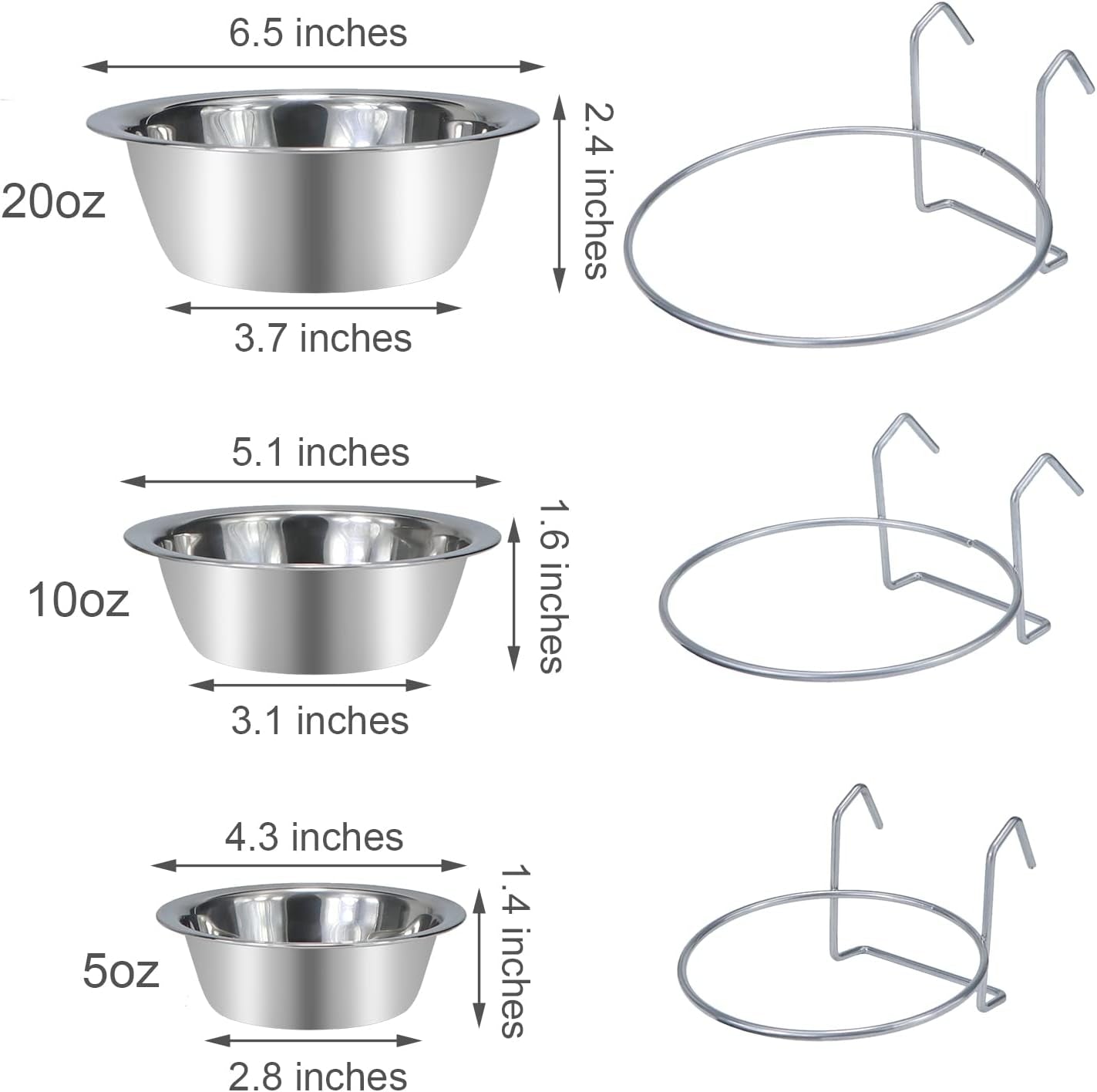 Pet Bowl Stainless Steel Hanging Food Water Bowls Bird Cage Feeder for Birds, Parrots, Small Sized Dogs and Cats (S)