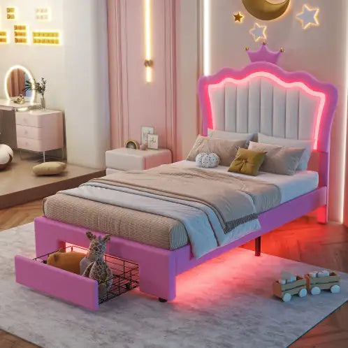 Twin Size Bed Frame With LED Lights, Modern Upholstered Princess Bed With Crown Headboard