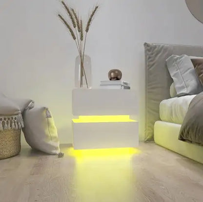 Glossy White 2-Drawer LED Nightstand with Bluetooth