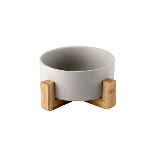 Ceramic Raised Cat Bowl w/ Wood Stand