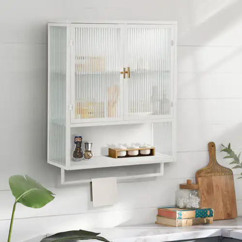 Elegant Dual-Door Wall Cabinet with Glass Panels and Storage Shelves