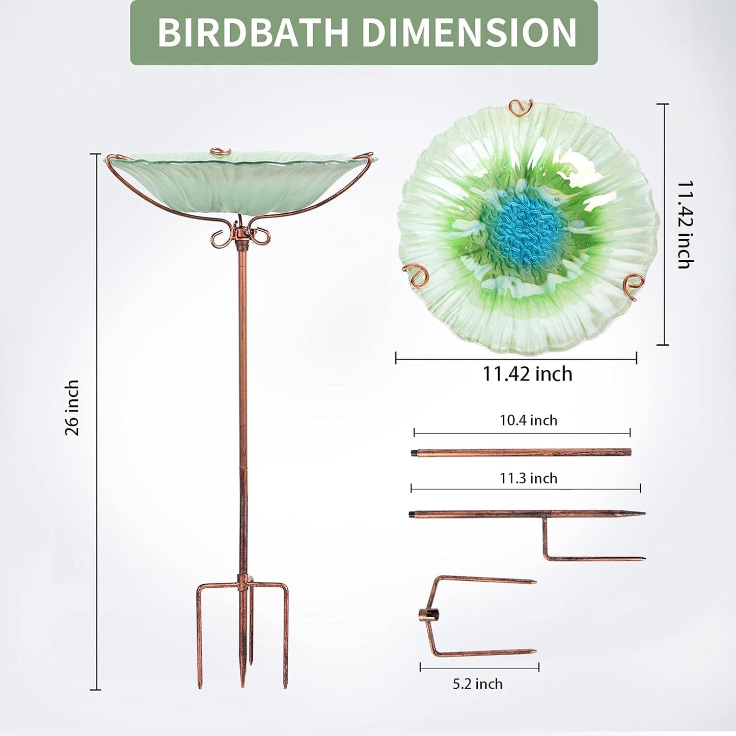 26 Inch Height Glass Birdbath Birdfeeder with Metal Stake Garden Outdoor Green