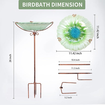 26 Inch Height Glass Birdbath Birdfeeder with Metal Stake Garden Outdoor Green