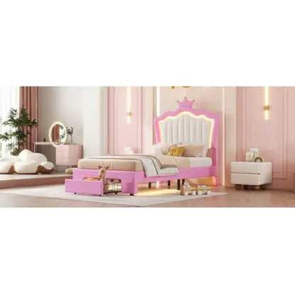 Twin Size Bed Frame With LED Lights, Modern Upholstered Princess Bed With Crown Headboard