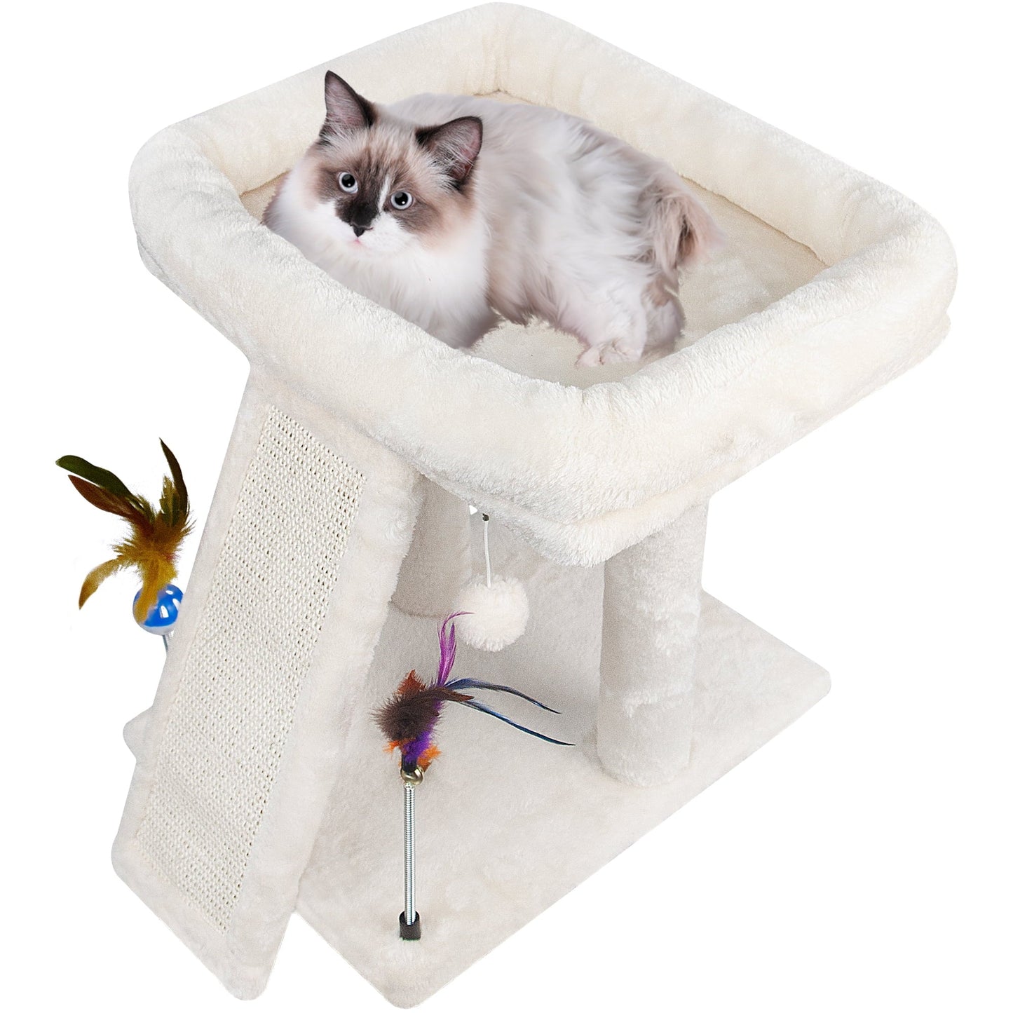 Cozy Beige Cat Tree with Condo, Scratch Post, Hammock & Fun Hanging Balls for Your Feline Friends