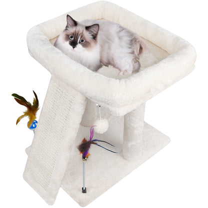 Cozy Beige Cat Tree with Condo, Scratch Post, Hammock & Fun Hanging Balls for Your Feline Friends