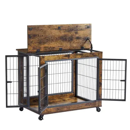 Rolling Rustic Brown Dog Crate Table with Double Doors