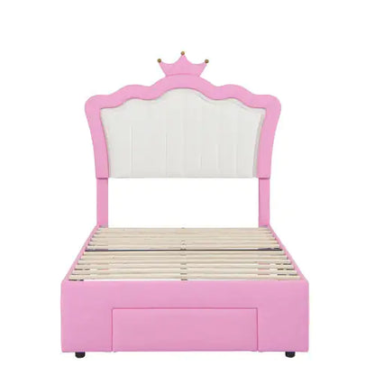 Twin Size Bed Frame With LED Lights, Modern Upholstered Princess Bed With Crown Headboard