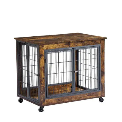 Rolling Rustic Brown Dog Crate Table with Double Doors