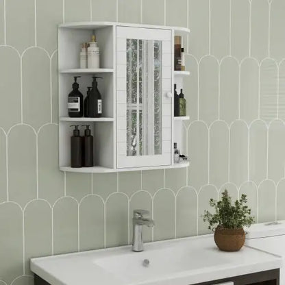 Wall-Mounted Cabinet with Mirrored Front & Versatile Shelving - White