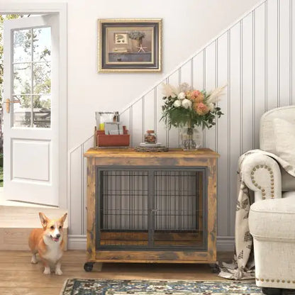 Rolling Rustic Brown Dog Crate Table with Double Doors