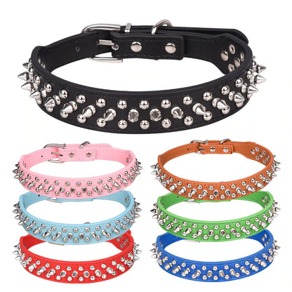 Rugged Leather Spiked Collar for Dogs and Cats