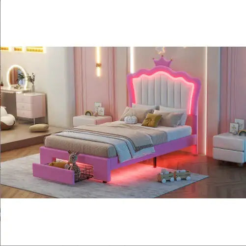 Twin Size Bed Frame With LED Lights, Modern Upholstered Princess Bed With Crown Headboard