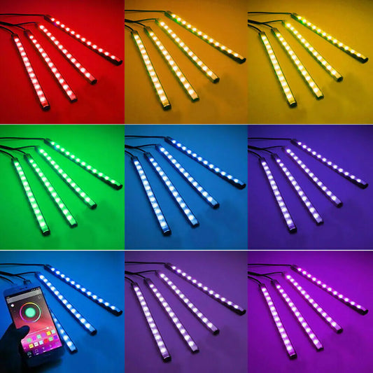 4X 48 LED RGB Car Interior Atmosphere Light Strip Bar Bluetooth APP Music Control