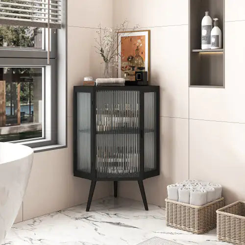 Floor Conical Cabinet With Tempered Glass Door And Storage Shelves
