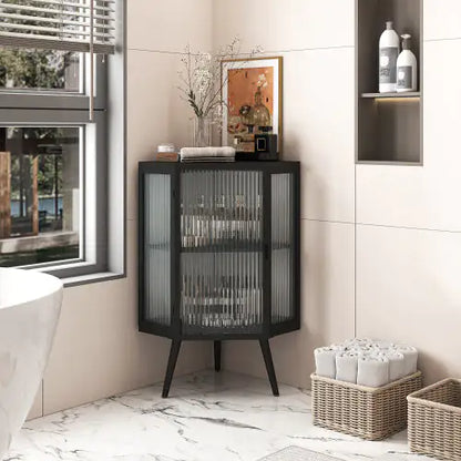 Floor Conical Cabinet With Tempered Glass Door And Storage Shelves