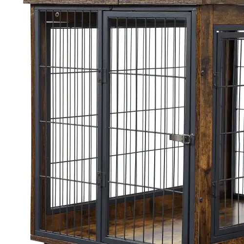 Rolling Rustic Brown Dog Crate Table with Double Doors