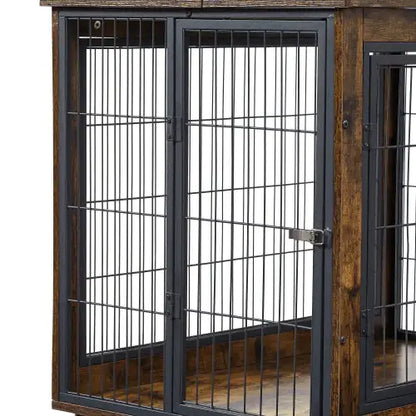 Rolling Rustic Brown Dog Crate Table with Double Doors