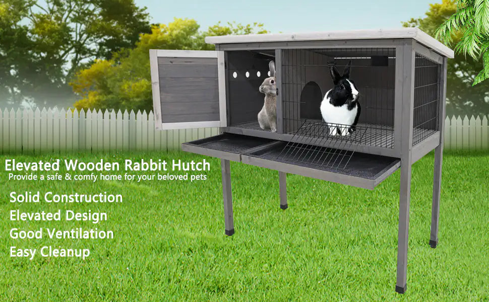 CozyWood Rabbit Haven: Indoor/Outdoor Cage with Roof & Slide-Out Tray