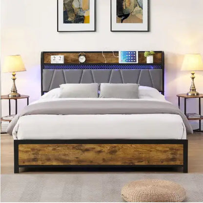 Illuminated Full-Size Bed Frame with Integrated Storage and Charging