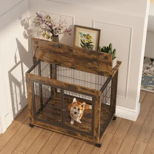 Rolling Rustic Brown Dog Crate Table with Double Doors