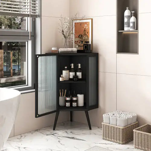 Floor Conical Cabinet With Tempered Glass Door And Storage Shelves
