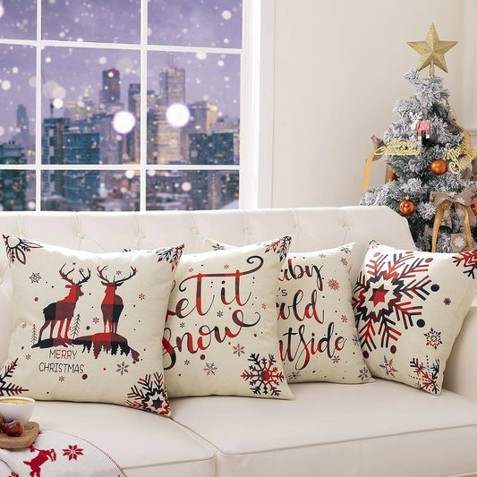 4 Pack Christmas Pillow Covers 18X18 Inch Linen Holiday Decorative Throw Pillow Covers for Sofa, Couch, Outdoor, Farmhouse and Home Christmas Decor