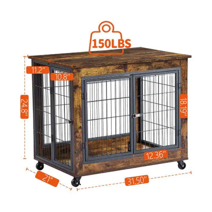 Rolling Rustic Brown Dog Crate Table with Double Doors