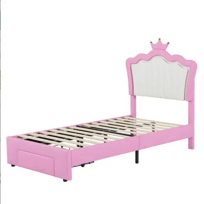 Twin Size Bed Frame With LED Lights, Modern Upholstered Princess Bed With Crown Headboard