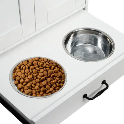 Pawfect Station: Dual-Bowl Dog Feeder with Storage & Hooks