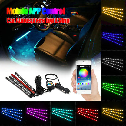 4X 48 LED RGB Car Interior Atmosphere Light Strip Bar Bluetooth APP Music Control